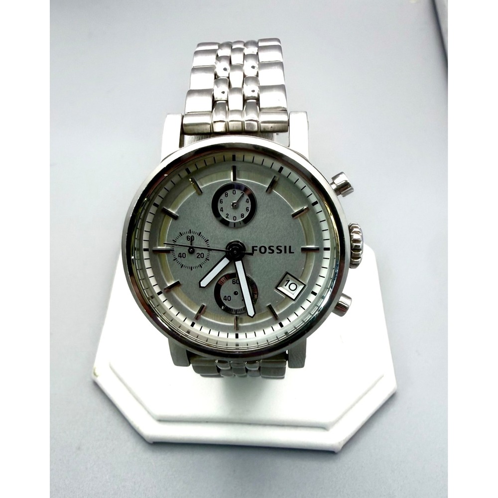 Fossil ES2198 Silver Chronograph Watch 5" Wrist Missing Subdial Hand